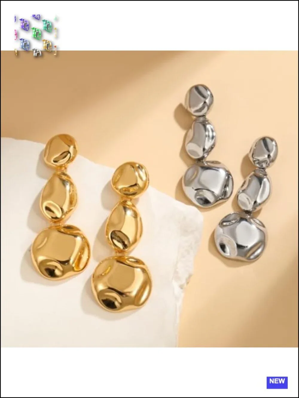 Chunky Gold and Silver Two Tone Statement Drop Earrings Stainless Steel